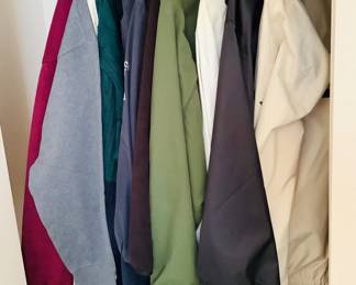 Nine (9) men's jackets, size XL. Brands include Nautica, Perry Ellis, Ralph Lauren and more. Very good condition. See photos for sampling. NWT Texas A and M zip up fleece sweatshirt, size XL. NWT Nike crewneck sweatshirt, size XL and more.