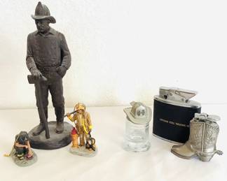 Michael Garman 'Smoke Eater,' H 10", 1987. Two (2) Michael Garman figurines from the Miniature Collection, H 4" and H 2 1/4". Superior Steel Treating Co. lighter, and more. See photos for details.