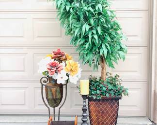 Faux tree in lightweight pot, H 80" x 17" square. Faux accents which include a basket H 12 1/2" x W 12' x D" and more.