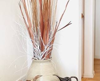 Large ceramic vase filled with faux weeds. Vase measures H 24" x 12" diameter. Two (2) decorative urns and (1) decorative accent.
