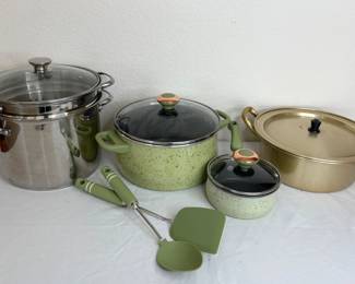 Two (2) Paula Deen nonstick cookware pots- (1) 0.9 quart saucepan with lid and (1) 6 quart stockpot with lid. Wolfgang Puck 8 quart stockpot. And more.