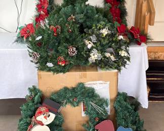 6' Pull Up Christmas tree, includes stand and assembly instructions. Three (3) poinsettia springs, 28". Five wreaths, and more. See photos for sampling.