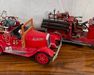 Beam old-style fire truck model, H 6 3/4" x W 16". South Prairie Fire Dept. fire truck, H 7 1/2" x W 15". See photos for details.
