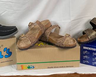 New Birkenstock Arizona BS Shiny Python Black shoes, size 39. New Birki's gold glitter shoes, size 38. New Spenco slip on comfort shoes, size 8.