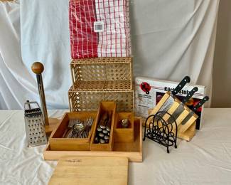 Wolfgang Puck set of (3) knives, includes knife block. Wood cutting board, bamboo drawer dividers, Rogers stainless cutlery (incomplete set) and more. See photos for sampling.