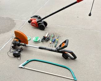 Black and Decker "Edgehog" electric 2 in 1 landscape edger. Untested. Model LE750. Iworx electric trimmer. Includes battery and charger. Untested. Additional items as shown in photos.