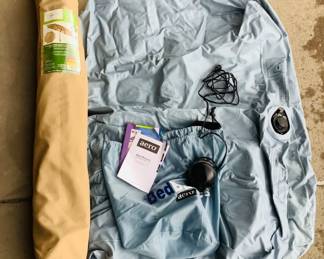 Bed Basics aero mattress, with electric pump, model 102. Full size. Includes instruction manual. Untested. New Mainstays 9' round market umbrella with storage sleeve.