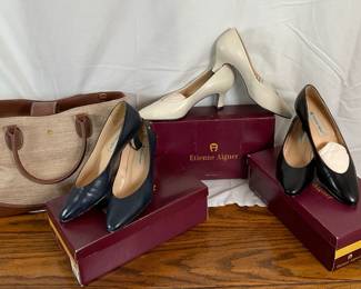 Three (3) pairs of Etienne Aigner 'Priscilla" heels, size 7 1/2. All are made of leather uppers. Excellent condition with original box. New coated straw handbag, H 11" x W 14" x D 5".