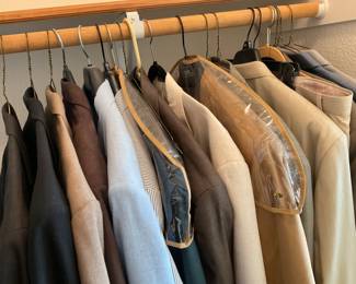 Several Men's Suits: Chaps, 48 L / 38W x 32L and 40W x 32L. Men's blazers are Chaps, Town Craft, and Stafford, 48L.