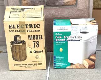 Richmond Cedar Works electric ice cream maker, model 78. Four quart capacity. Untested. White Westinghouse deluxe 2 pound fresh bake machine. Model WWTR444. Like new condition.