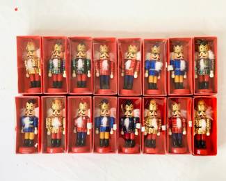 Sixteen (16) new in box mini nutcracker wooden figurines, Each measures H 6". Made in China.