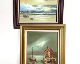 Two (2) oil paintings which appear to be original. One depicting ocean waves H 24" x W 27". Signature appears to read "Tomas". Minor nicks in wood frame. One depicting a seaside village H 29" x W 24". Artist signature is not legible.