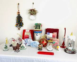 Spode China decorative bell, H 6". Thomas Kinkade "Making Spirits Bright" illuminated crystal candle, missing cord. Three (3) new illuminated ornaments with original boxes, approximately H 6". Additional items as shown in photos.