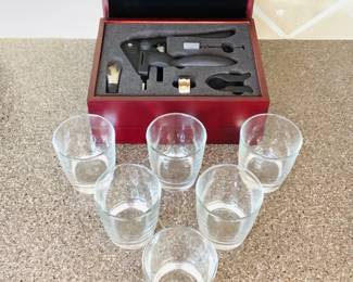 Five (5) crisa rocks glasses, H 3 1/2" x 3" diameter. New La Vigna wine accessory set, model 711. Includes cushioned box.