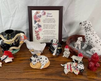 Collection of (7) Dalmation dogs in various positions, some are fine porcelain, framed friend poem, & more. The ceramic fireman's head is broken. Missing pieces are inside. See photos for details.