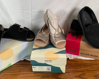 New Earth Origins "Chill Cali" slip on shoes, size 8. New Earth Origins "Camellia Nauset" leather flats, size 8. New Skechers "Go Walk" slip on shoes, size 8. All original boxes included.