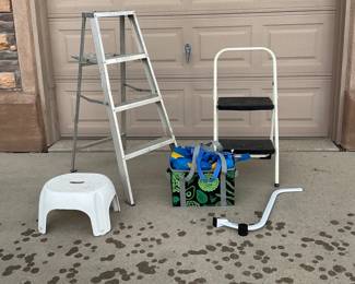 Cosco 2' step ladder, 3' aluminum step ladder, an "EZ Mover", a step stool, reusable grocery bags and more.