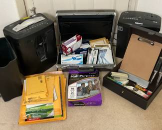 Office supplies include: Fellowes Powershred H-9C, powers on. Casemate Shredder, WM1055XA, powers on. Briefcase, envelopes large/small, and more. See photos for sampling.