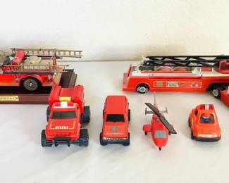 Various Tomy, Tonka & Remco fire-themed toys includes a helicopter, rescue jeep, & fire engine with ladder. The Franklin model is the '1922 Ahrens-Fox R-K-4. See photos for details.