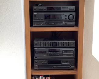 A collection of Technics electronics including (1) stereo synthesizer tuner model ST-K55, (1) stereo amplifier model SU-G86, (1) graphic equalizer model SH-GE50, (1) stereo cassette deck model RS-TR180, (1) CD 5 disc changer model SL-PD665 and more. Also includes an assortment of DVD's and CD's. See photos for details. Equipment will need to be unplugged and disconnected by customer at pick up.