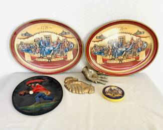 Heritage Metalcraft Cast Iron Fire Mark, appears to be antique, depicts a fireman sounding an alarm horn, H 11" x W 8 3/4". 'Birth of a Nation' commemorative trays and coasters, metal hand art. See photos for details.