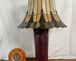 Tiffany-style stained glass table lamp, H 23", powers on. Danbury Quartz desktop clock, H 7".