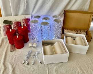 New LED candles made by Living Glow and more. Includes pillar candles, honeycomb glitter candles, a set of Christmas lights and more. See photos for sampling.