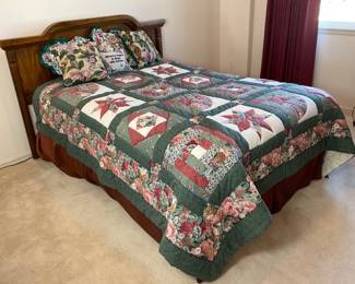 Full bedroom set which includes a full bed headboard and frame (bedding optional) H 45" x W 64", a chest of drawers H 49" x W 38" x D 18", and dresser with mirror. Dresser measures H 31" x W 69" x D 18". Dual mirrors measure H 42" x W 50". Mirrors must be removed from dresser at pick up. Bring tools for removal. All pieces may have nicks, scratches and dings. Made of wood veneer.