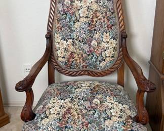 Wood & upholstered throne chair, H 57", intricate wood carving and upholstery is intact. Unknown manufacturer. See photos for details.