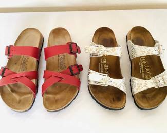 New Birki's red leather sandals, size 38. New silver floral Papillio size 38. Boxes do not match shoes.