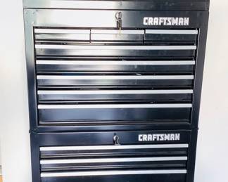 Craftsman stackable tool storage which includes (2) separate stacking units. One measures H 12" x W 26" x D 12" and one measures H 19" x W 26" x D 12". Key included.