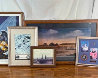 Five (5) pieces include: John Glenn historic flight memorabilia display H 14 1/4" x W 16 1/2"; moon landing footprint H 19 1/2" x W 14 1/4", 269/300; fire station print, H 21 1/2" x W 36". See photos for sampling.