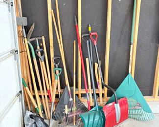 A large assortment of large helpers including several spades, hoes, rakes, snow shovels and much more. See photos for sampling.