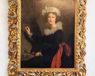 Reproduction of "Self Portrait of Elisabeth Vigee Lebrun", mounted in a gilded gold toned frame. H 39" x W 32".
