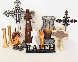 Olive wood, hand carved Madonna with Child, stamped, H 8 1/2", tall praying angel, H 16", candlesticks, stone paperweights, and metal crosses. See photos for sampling.