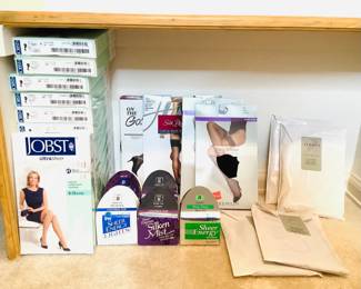 Four (4) new pairs of Legacy Legwear body shaper pantyhose size B. Thirteen (13) new pairs of Jobst Ultrasheer support compression stockings 8-15mmHg. Additional items as shown in photos.