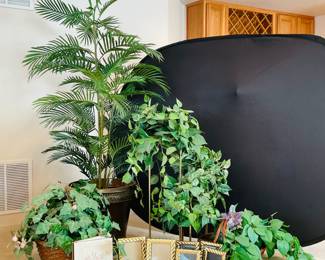 An assortment of faux greenery plants including a tree in a lightweight pot H 50", a gold toned tiered plant stand H 30" x 20" diameter and more. Also includes an assortment of photo frames. See photos for details.