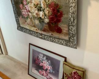 Floral wall tapestry, H 36" x W 53". Includes hanging rod. Bring tools for removal from wall. Framed floral print, H 31" x W 37". Double matted. Artist name "Caspers".