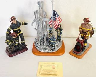 Three (3) Red Hats of Courage Figurines: "Image of Hope", H 13", #17/0753; "Pack it Up," H 9 1/2", #1/0331; "Hero 9", H 10", #0929/2500. See photos for details.