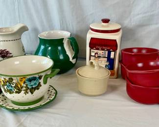 Botanical Gardens pitcher, H 6" x W 5" x D 4". New Pioneer Woman strainer with plate, H 5" x 7" diameter. Furio pitcher, H 6" x 7" diameter and more. See photos for sampling.