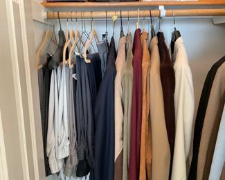 A variety of Chaps, Monsieur Adolfo, and Stafford blazers, all are size 48L. The Junction West jacket is XL with a leather shell. Slacks include: Stafford, Croft & Barrow, and a new pair of Chaps. All slacks are 40 waist x 32 length. See photos for sampling.