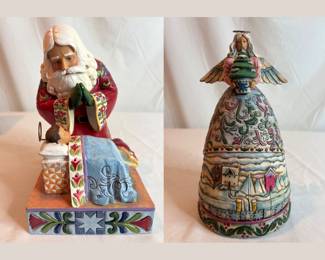 Two (2) Jim Shore figurines including, "The Real Meaning Of Christmas" St. Nick w/ Baby Jesus, H 7 1/2" x W 1/2" x D 6 1/2", and "Landscape Sleeps" Angel Winter, H 9 1/2" x 5" diameter.