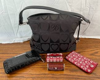 Black Brighton handbag, measures approximately H 10" x W 12" x D 4". Brighton black patent wallet, Brighton pink lipstick and sunglass cases, and a Brighton black and brown lipstick case.