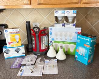 Coleman portable lantern, CPX 6 compatible. Powers on. A variety of lightbulbs-see photos for sampling. And more.