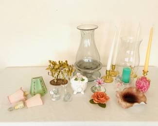 Capodimonte fine porcelain rose trinket, (2) hurricane lamps, (4) candles with holders, art glass whale and elephant. Venetian glass dish, stamped, & more. See photos for sampling.