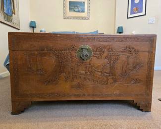 Vintage carved Asian chest - pagodas & figures