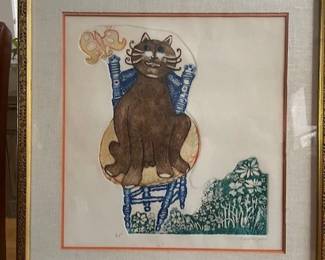 Margarita Galetar – signed etching “Cat on Chair”