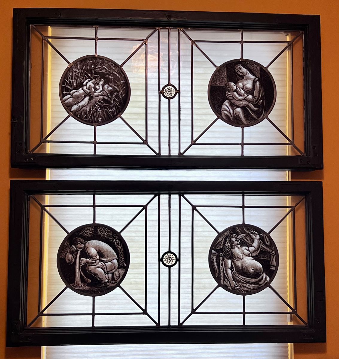 ANTIQUE - 6 SECTIONS OF GLASS WINDOWS - FROM LATE 1800'S-EARLY 1900'S. FROMO OLD GERMAN HOUSE, PANELS WERE HAND STAINED & LEADED. THE STORY OF FOOD - BEGINNING OF LIFE - FIRST FOOD - TOO MUCH FOOD - ROMAN ORGY