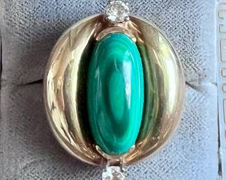 Large heavy 14 karat gold, Malachite and 2 diamond ring