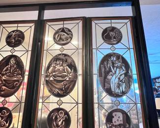 ANTIQUE - 6 SECTIONS OF GLASS WINDOWS - FROM LATE 1800'S-EARLY 1900'S. FROMO OLD GERMAN HOUSE, PANELS WERE HAND STAINED & LEADED. THE STORY OF FOOD - BEGINNING OF LIFE - FIRST FOOD - TOO MUCH FOOD - ROMAN ORGY